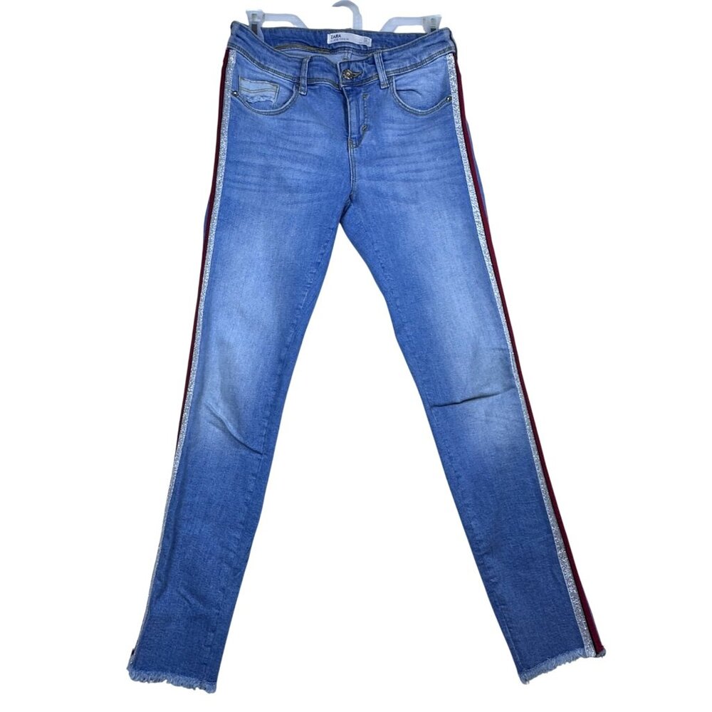 Zara Z1975 Womens Denim Side Stripe Skinny Jeans Light Wash Red Silver Trim Sz 4